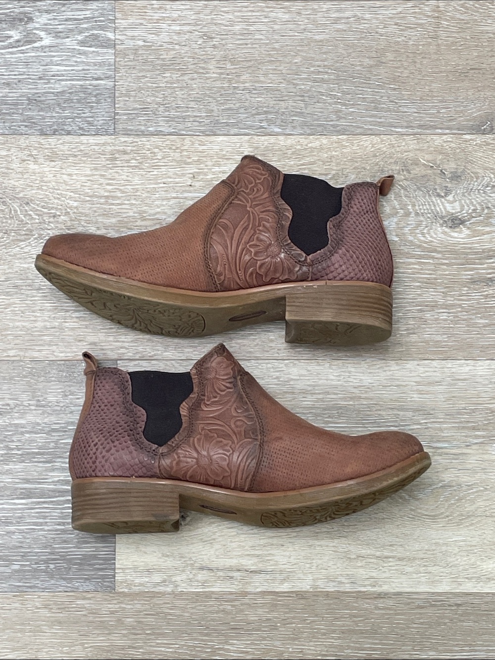 Comfortiva Brown Slip On Ankle Boots with Leather Upper Floral Detail Size 8 1/2